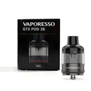 Vaporesso GTX POD 26  featuring a 5mL capacity, GTX Coil Compatibility, and has a dual slotted bottom airflow ring. Features 5mL GTX Pod Snap Top Fill System - Dual Fill Ports Vaporesso GTX Coil Series Compatible with GTX Coils - 0.2, 0.3 Press Fit Coil Installation Dual Slotted Bottom Airflow Control Ring Magnetic Pod Connection. Make sure to properly prime each coils and pods before use.