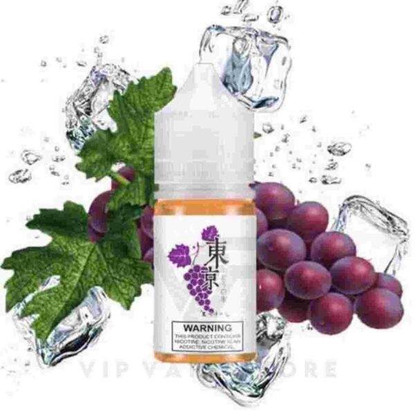Tokyo salt Iced Grape 30ml where the natural sweetness of grapes meets the refreshing coolness of menthol. Inhale the essence of fresh, sun-kissed grapes, offering a delightful experience akin to enjoying a juicy cluster of grapes. But what makes this e-liquid truly special is the icy burst of menthol, which adds a unique twist, taking your taste journey to a whole new level. strikes a perfect balance between fruity goodness and a chilly breeze, making it a go-to choice for those who appreciate distinct flavor blends. review: Brand Name: Tokyo salt nicotine flavors VG/PG: 50%/50% Size: 30 ml Nicotine Strength:  20g/35mg/50mg