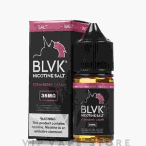 BLVK Strawberry cream salts 30 ml indulgent flavors of a thick, decadent slice of strawberry shortcake. expertly combines the sweetness of ripe strawberries with the richness of cream and a hint of sweet honey. It's a delightful fusion of flavors that will transport you to a world of dessert-inspired bliss with every puff.