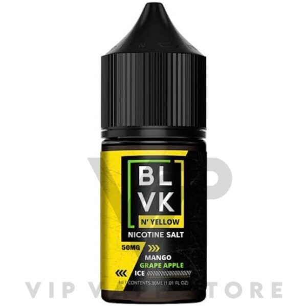 Mango grape apple ice BLVK N yellow saltnic 30 ml combines fresh mango slices with sweet, plump grapes, and crisp apples. offers a delightful fusion of fruity goodness, complemented by a refreshing menthol finish. perfect balance of tropical sweetness and icy refreshment. Size: 30ml bottle Strength: 20, 35 & 50 MG VG/PG Ratio: 50/50 Ingredients: PG, VG, natural and artificial flavors.