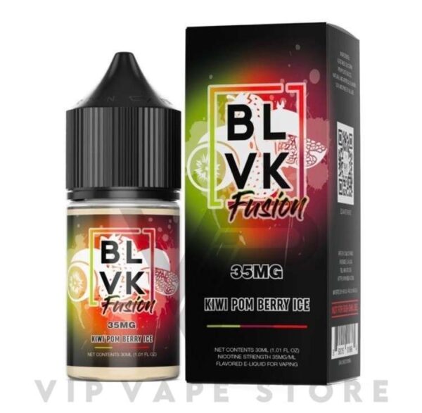 Kiwi pom berry Blvk fusion 30ml a captivating e-liquid that delivers a frozen burst of strawberry flavor, enriched with a tangy fusion of kiwi and pomegranate. remarkable combination offers a delightful contrast of sweet and tangy notes, with a refreshing menthol undertone. Size: 30ml bottle Strength: 20, 35 & 50 MG VG/PG Ratio: 50/50 Ingredients: PG, VG, natural and artificial flavors.