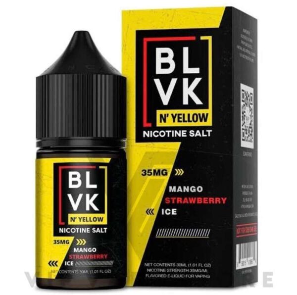 Mango strawberry ice BLVK n yellow salt 30 ml Step into a world of flavor with a sweet and juicy combination of tropical mangos and ripe strawberries. Furthermore, this delightful blend is complemented by a refreshing menthol finish, creating a harmonious symphony of flavors that's sure to please your palate Size: 30ml bottle Strength: 20, 35 & 50 MG VG/PG Ratio: 50/50 Ingredients: PG, VG, natural and artificial flavors.