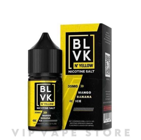 Mango banana ice BLVK n yellow salt 30 ml invites you on a tropical escape filled with the luscious sweetness of tropical mangos and the ripeness of fresh bananas. is a harmonious fusion of fruity delights, complemented by a cool menthol finish.