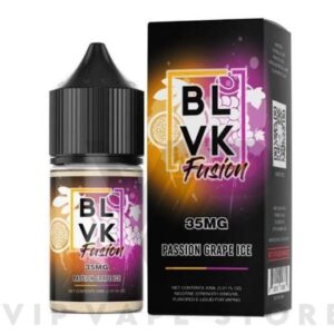 Passion Grape Ice Blvk Fusion 30ml offering a combination of sweet and tart flavors that come together in perfect harmony. the exotic essence of passionfruit with the bold and rich notes of grapes, all infused with a refreshing menthol kick. with its sweet and tangy complexity, enhanced by the invigorating touch of menthol. Size: 30ml bottle Strength: 20, 35 & 50 MG VG/PG Ratio: 50/50 Ingredients: PG, VG, natural and artificial flavors.