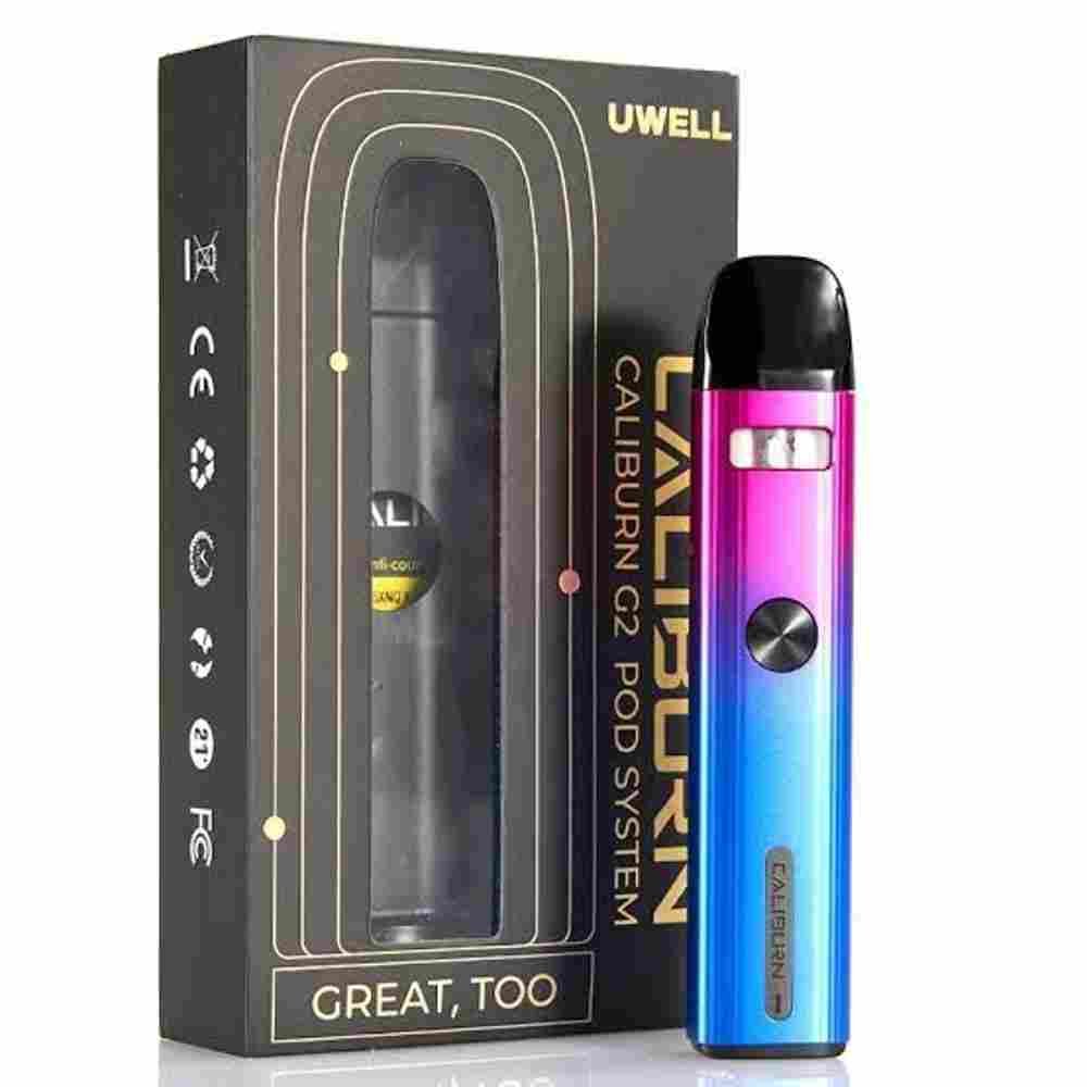 Uwell Caliburn G2 pod kit with a latest feature of Vibration sensor interaction & 2ml capacity of E-juice and a powerful battery of 750mAh, 18w maximum output and has a mechanism of button fire and auto Draw-activated.