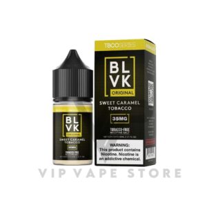 BLVK TBCO sweet caramel Tobacco 30ml offers an experience that beautifully combines a clean, pure tobacco taste with the subtle and enticing notes of caramel. provides a harmonious fusion of flavors that's sure to please your palate, delivering a satisfying and balanced experience. Size: 30ml bottle Strength: 20, 35 & 50 MG VG/PG Ratio: 50/50 Ingredients: PG, VG, natural and artificial flavors.