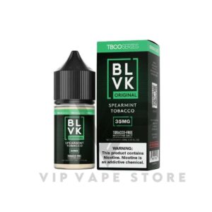 BLVK TBCO spearmint tobacco 30ml unique blend of a smooth tobacco hit intertwined with the delightful undertones of spearmint. a harmonious fusion of flavors, delivering a well-balanced combination of tobacco's richness with the sweetness of spearmint. Size: 30ML VG/PG: 60% / 40% Nicotine Strengths: 35MG & 50MG *This product contains Tobacco-Free Nicotine.