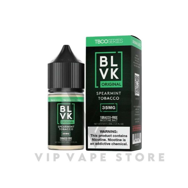 BLVK TBCO spearmint tobacco 30ml unique blend of a smooth tobacco hit intertwined with the delightful undertones of spearmint. a harmonious fusion of flavors, delivering a well-balanced combination of tobacco's richness with the sweetness of spearmint. Size: 30ML VG/PG: 60% / 40% Nicotine Strengths: 35MG & 50MG *This product contains Tobacco-Free Nicotine.