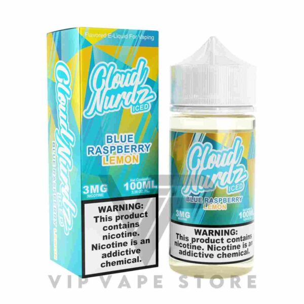 Cloud Nurdz blue razz lemon iced 100ml an ultra-fresh blend that combines the tangy essence of blue raspberry with zesty lemon and adds a refreshing touch of icy menthol. Nicotine Strength: 0mg, 3mg, 6mg Best quality e juice with normal ice and pocket friendly budget flavor