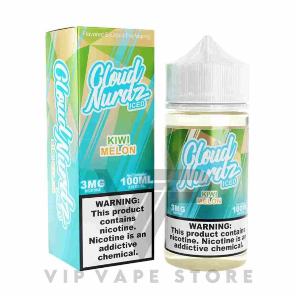 Cloud Nurdz kiwi melon iced 100ml a sensational blend of tangy kiwis, sweet melon, and a generous blast of cool menthol. a perfect balance of fruity goodness and icy refreshment crafted this fusion, making it a delightful Nicotine Strength: 0mg, 3mg, 6mg