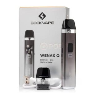 Wenax Q pod kit by Geekvape 25w 1000mAh is a latest pen version by Geek vape with the screen for battery indication, puff counting & ohms, A starter kit with 3 types of adjustable airflow and a strong dense flavor output. A fast charging capacity and battery is long lasting, two variants of pods 0.6 for DL & 1.2 for MTL