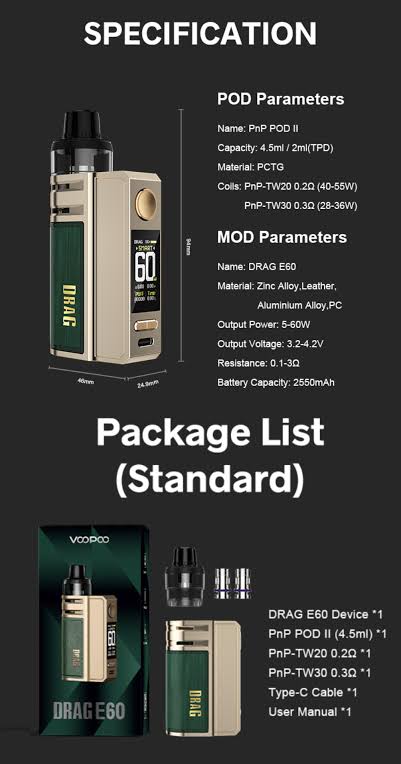 voopoo drag e60 package list