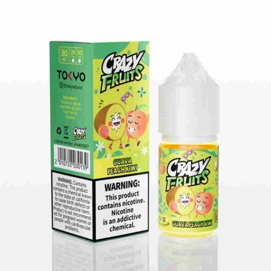 Tokyo Guava Peach Kiwi Crazy Fruit 30ml Dive into the vibrant world where the essence of sun-ripened peaches, freshly peeled guavas, and juicy slushy kiwis intertwine to create a burst of sweet and tangy delight. like a tropical dance for your taste buds, offering a harmonious blend of three distinct fruits that'll transport you to a paradise of flavor. With every inhale, experience juiciness of peaches, followed by the tropical allure of guavas, and finally, the zesty kick of ripe kiwis. It's a symphony of unique tastes Size: 30ml bottle Strength: 35 & 50 MG VG/PG Ratio: 50/50 Ingredients: PG, VG, natural and artificial flavors.