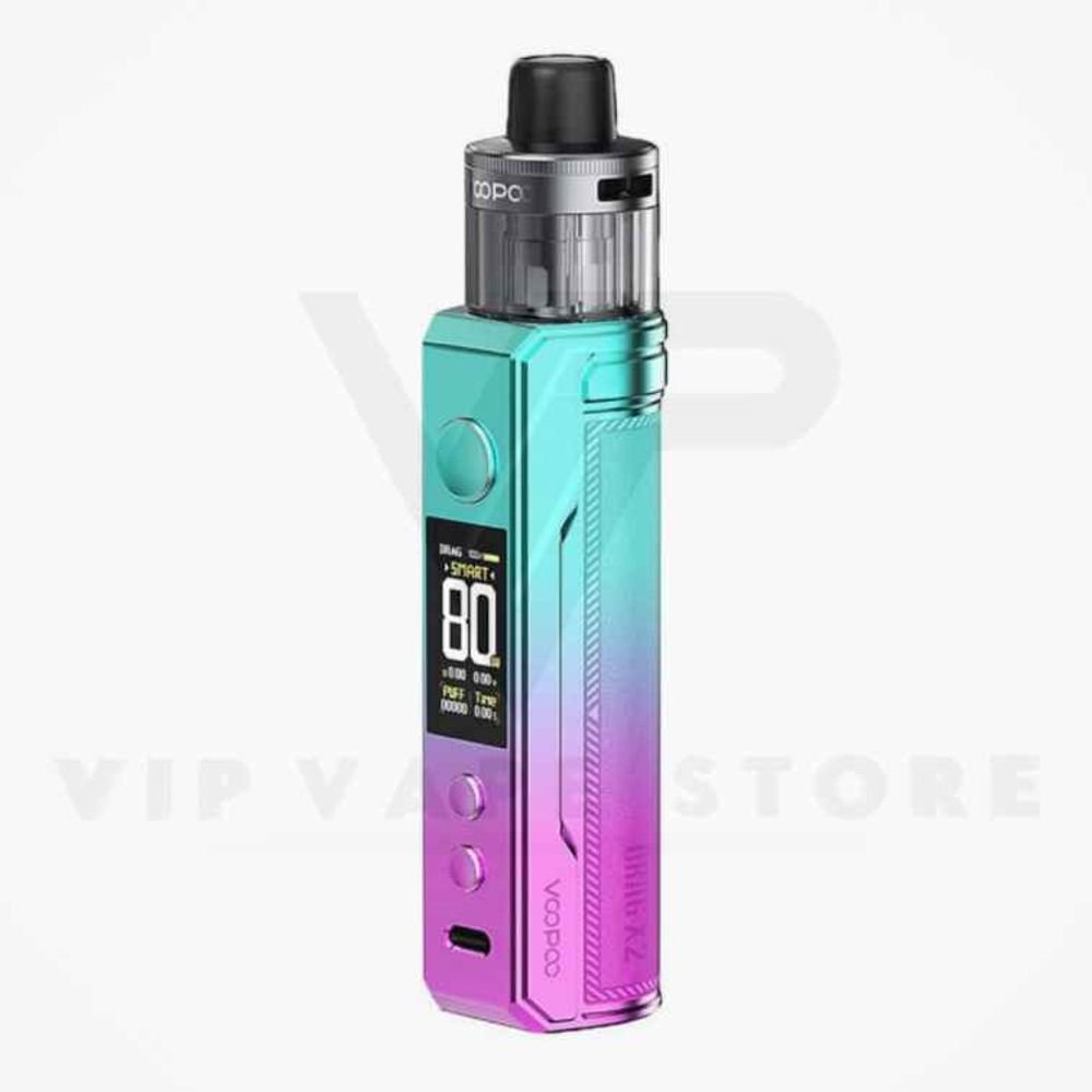 Voopoo Drag X2 Pod Mod Kit 80W featured with a single external 18650 battery, delivering a maximum of 80W output and equipped with Type-C charging. It incorporates the latest Gene.TT 2.0 Chip, providing Smart/RBA/ECO modes for a tailored vaping experience and includes six safety features for secure usage. Featuring a revamped Menu interface that highlights crucial information on the UI, this device stands out. Designed with a 5ml capacity, presents an easy side filling system, adjustable airflow, and top airflow intake. Utilizing the PnP X Platform, it ensures an extended A-Ten lifespan, supporting 100ml of oil for prolonged usage and pure flavor delivery. The platform's thermo-stable cotton maintains consistent taste, while the mesh-distributed heating system generates denser clouds. Additionally, its patented 4-layer leak-proof design prevents leakage, and automatic production enhances efficiency. Voopoo Drag X2 Pod Mod kit specification & Features: Dimensions: 104.5mm by 26.9mm by 47mm Battery Capacity: 18650*1 (Not included) Wattage Range: 5-80W Voltage Range: 3.2-4.2v Resistance Range: 0.1-3.0ohm Material: Zinc Alloy + Leather Ejuice Capacity: 5.0 mL / Fill System: Top-Fill – Quarter Turn Removeable Cap compatible  with All PnP x Coils Intuitive Firing Button Display: 0.96" TFT Screen Two Adjustment Buttons Chassis-Based Adjustable Airflow Control Magnetic Pod Connection Available Colors: Colorful silver . Pearl White . Sky Blue . Modern Red . Glow Pink . Grey Metal . Spray Black inside the box Device VOOPOO PnP X (5Ml ) 0.15ohm (Pre-installed) & 0.3 ohms spare Charging cable User Manual Pnp Platform Card