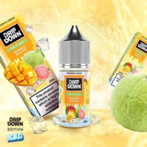 Drip Down Mango Guava fruit 30ml This e-liquid provides a delightful fusion of fruity sweetness with a cool, frosty finish making each inhale a tropical getaway for your taste buds