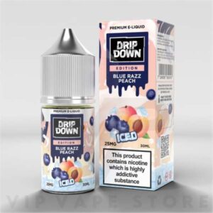 Blue raspberry Peach by Drip Down 30ml blends the sweet, juicy notes of fresh peaches with the vibrant tang of blue raspberries. This playful e-liquid offers a refreshing burst of flavor in every puff, perfect for those seeking a unique and exciting journey