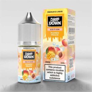 Drip Down Mango Peach fruit 30ml Craving summer sunshine captures the essence of summer with an irresistible blend of sun-kissed mango and juicy peach. Savor the rich sweetness of mango perfectly balanced by the delicate floral notes of peach, creating a symphony of flavor that melts on your tongue. Crafted with high-quality ingredients and available in various nicotine strengths, this vape juice is perfect for pod systems and your taste buds! So ditch the ordinary and take a delicious bite of summer with every puff. flavor profile: Brand: Drip down Strength: 25mg, 50mg Flavor: combo of mango & peach fruit