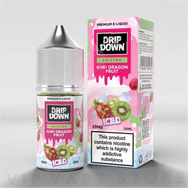 Kiwi dragon fruit by Drip Down 30ml Pucker up for a taste bud adventure This vibrant e-liquid blends the tangy sweetness of kiwi with the exotic allure of dragon fruit