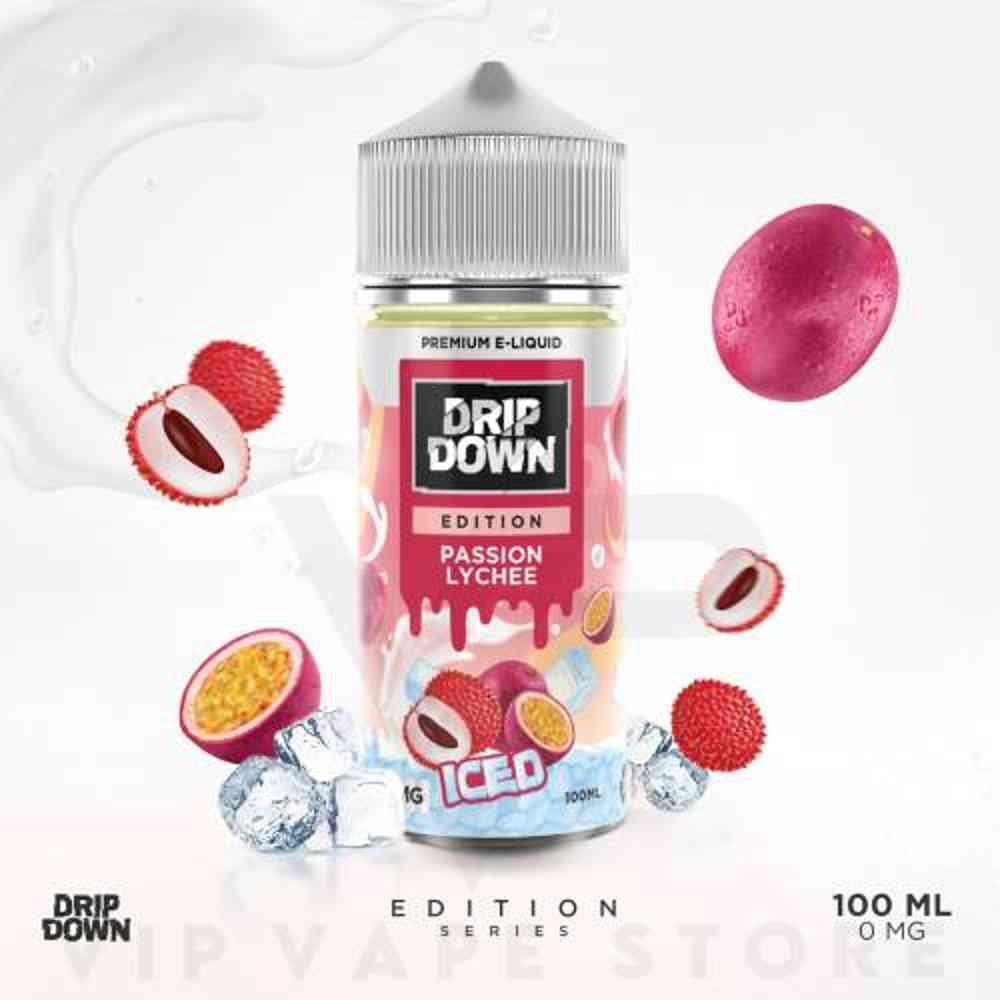 Drip down Passion Lychee Ice 100ml Indulge in the tropical bliss of Passion Lychee Ice, a meticulously crafted e-liquid from the (Edition) Series. This exquisite blend harmonizes the alluring passion fruit with the sweet and distinctive lychee, transporting your taste buds to a paradise of flavors. Flavor Profile: Initial inhale: Tantalizing passion fruit unfolds on your palate, bursting with tropical succulence Mid-note: Lychee essence emerges, adding luscious sweetness and depth to the flavor Finish: Refreshing icy undertone complements the fusion, evoking the sensation of a chilled breeze