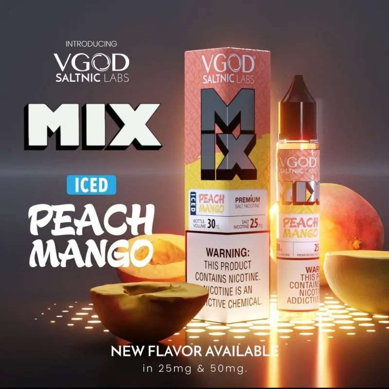 VGOD Ice Peach Mango 30ml Salt Nicotine E-juice is a delicious refresh vape liquid. Combines the tropical flavors of juicy peaches and ripe mangoes with a cool menthol twist. This e-juice delivers a sweet and fruity blend that is perfect balance. Capture the authentic taste of fresh peach and slushy mango for a smooth and flavorful experience. The addition of menthol enhances the vape with a cool sensation, a perfect choice for those who enjoy a fruity vape with a touch of ice.