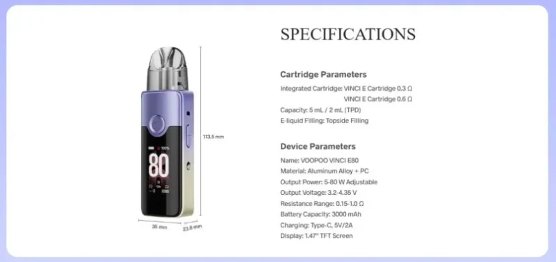 Voopoo Vinci E80 Pod Mod Kit specs